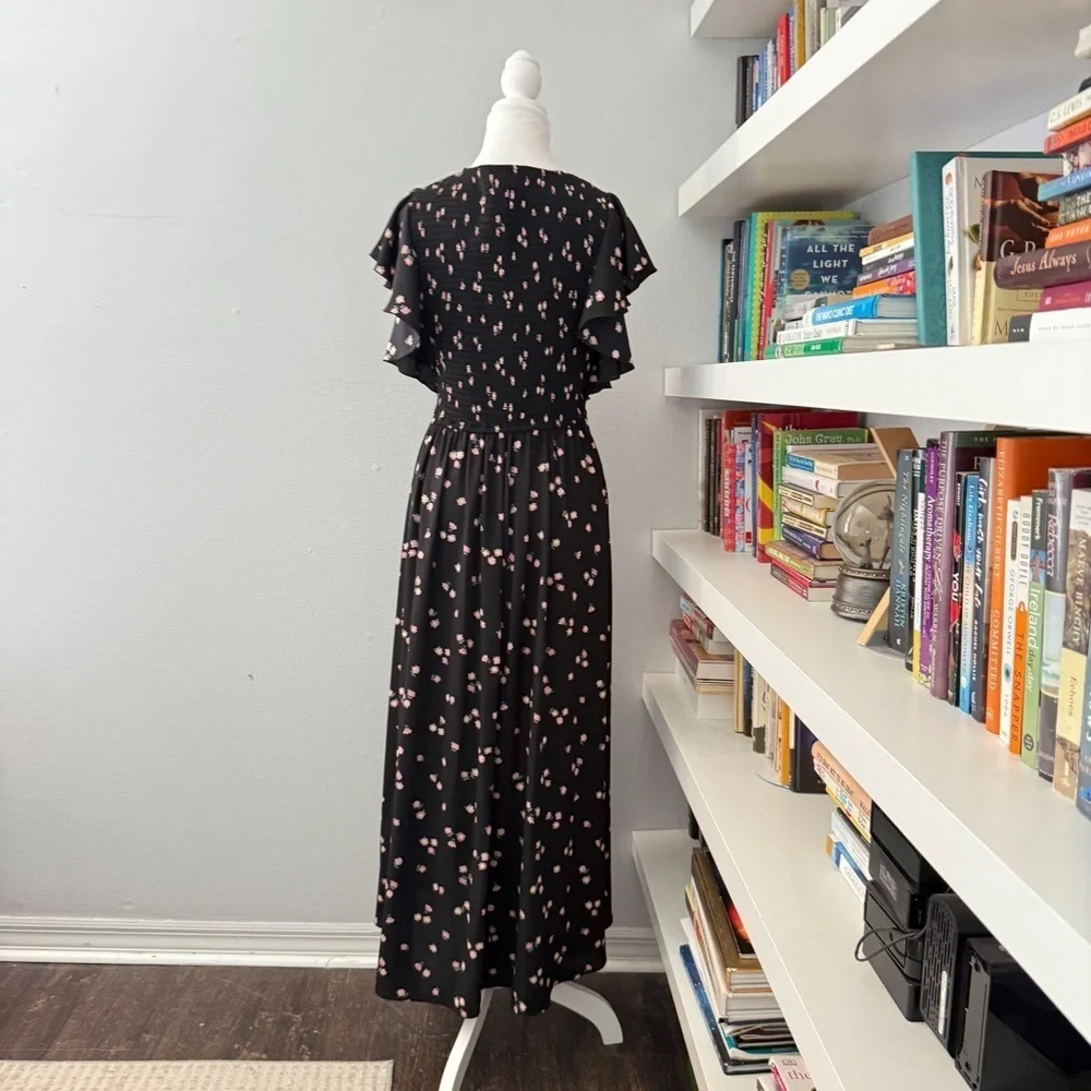 Kate Spade Ditsy Begonia flutter sleeve black floral dress sz 6
